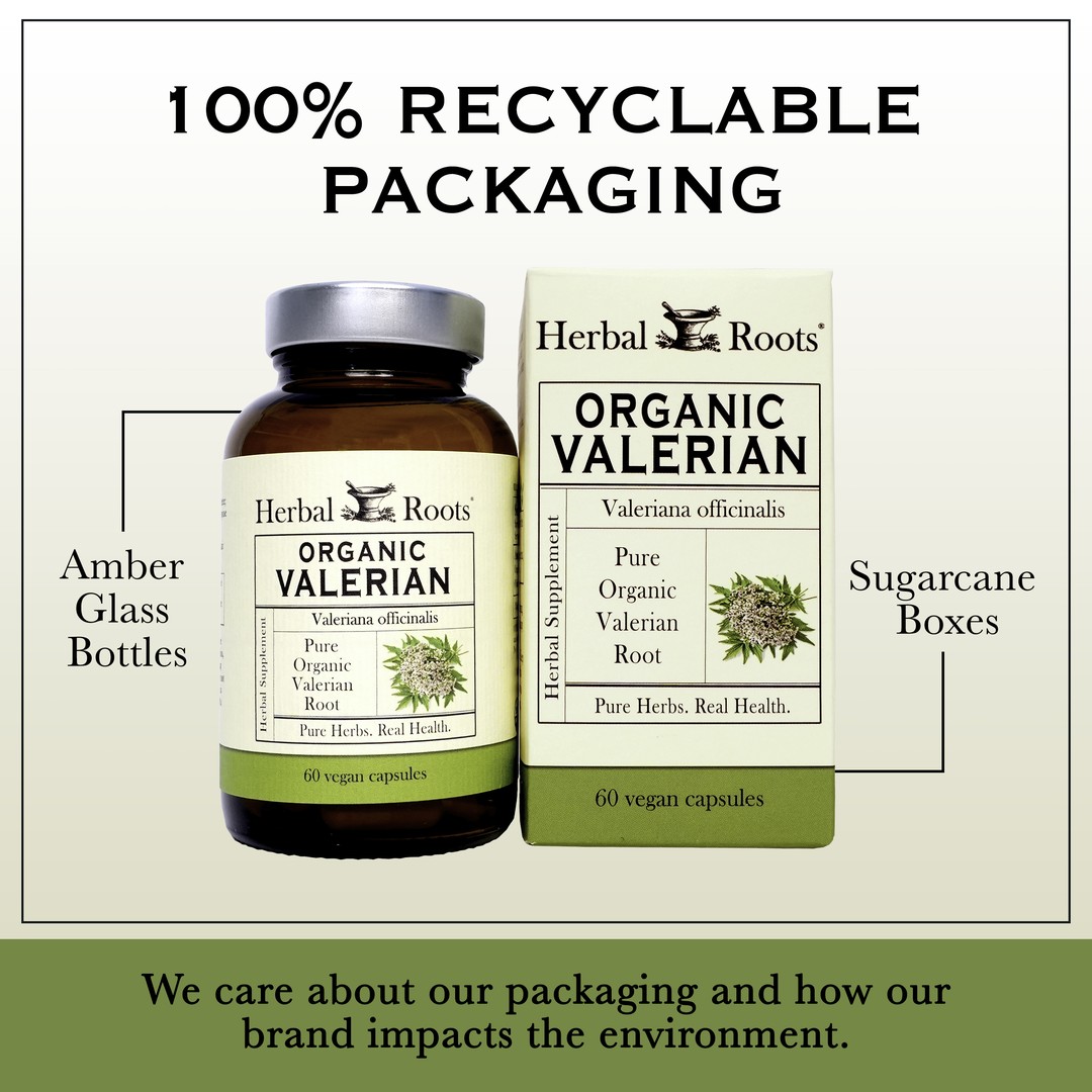 Bottle and box of Herbal Roots Organic valerian next to each other. Under the bottle and box says We care about our packaging and how our brand impacts the environment. There is a line coming from the left of the bottle that says Amber glass bottles. There is a line coming from the left of the box that says sugarcane boxes.