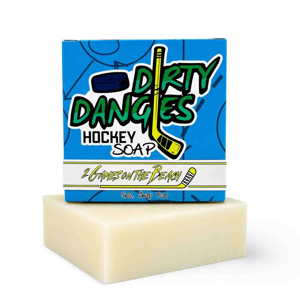 Dirty Dangles 2 games on the beach hockey soap bar with product box on a white background.