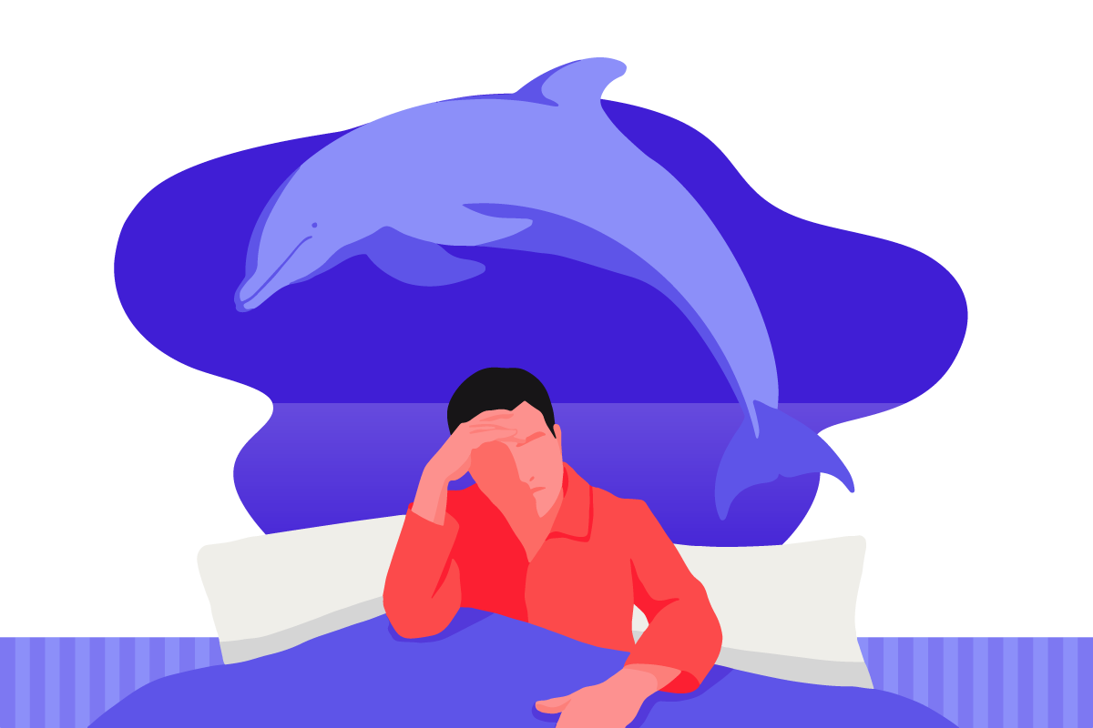 A man with a dolphin chronotype sitting up in bed unable to sleep with a dolphin over his head.