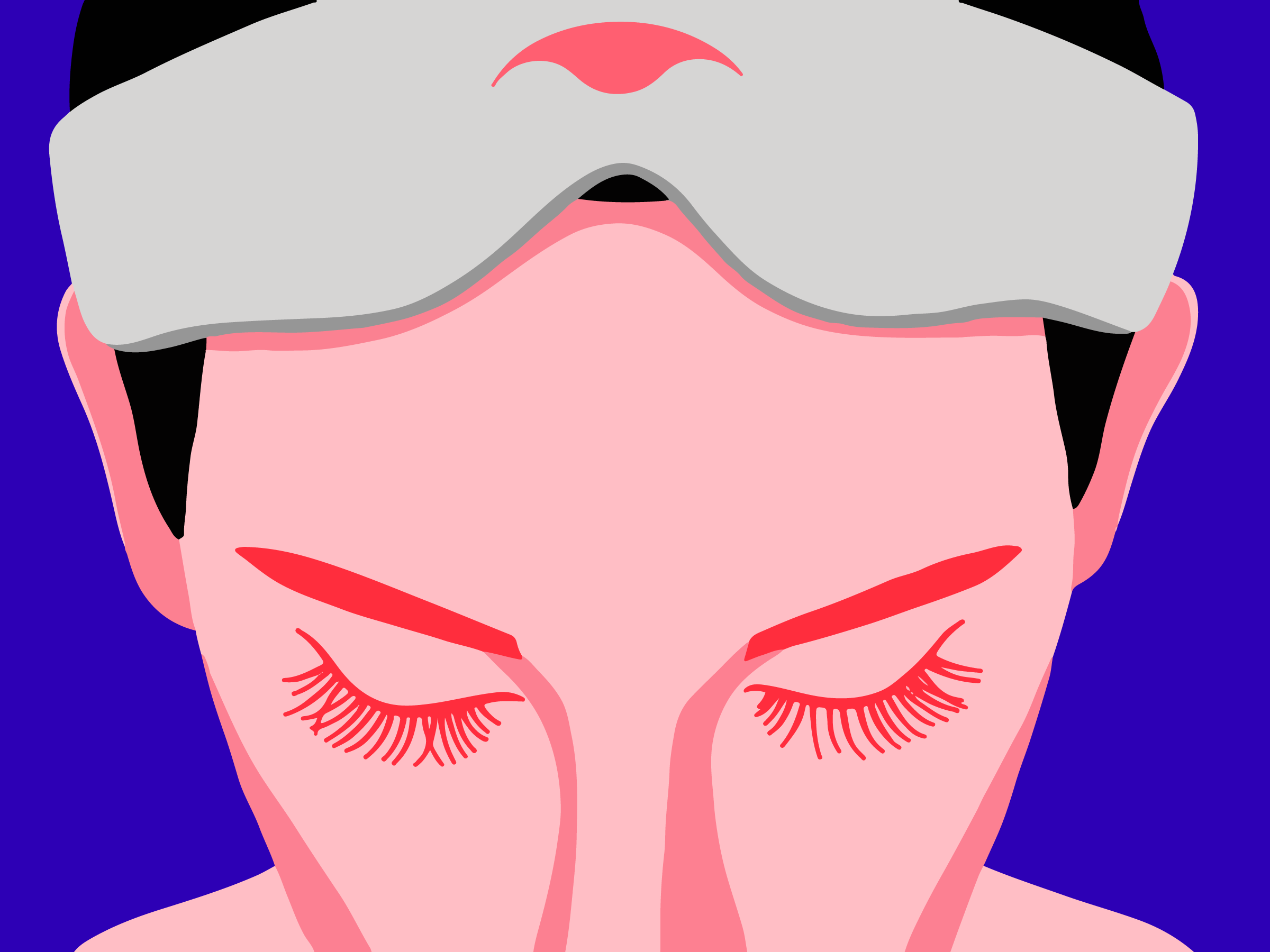 A female face from the nose up with closed eyes and lash extensions, wearing a silk sleep mask from Manta Sleep.