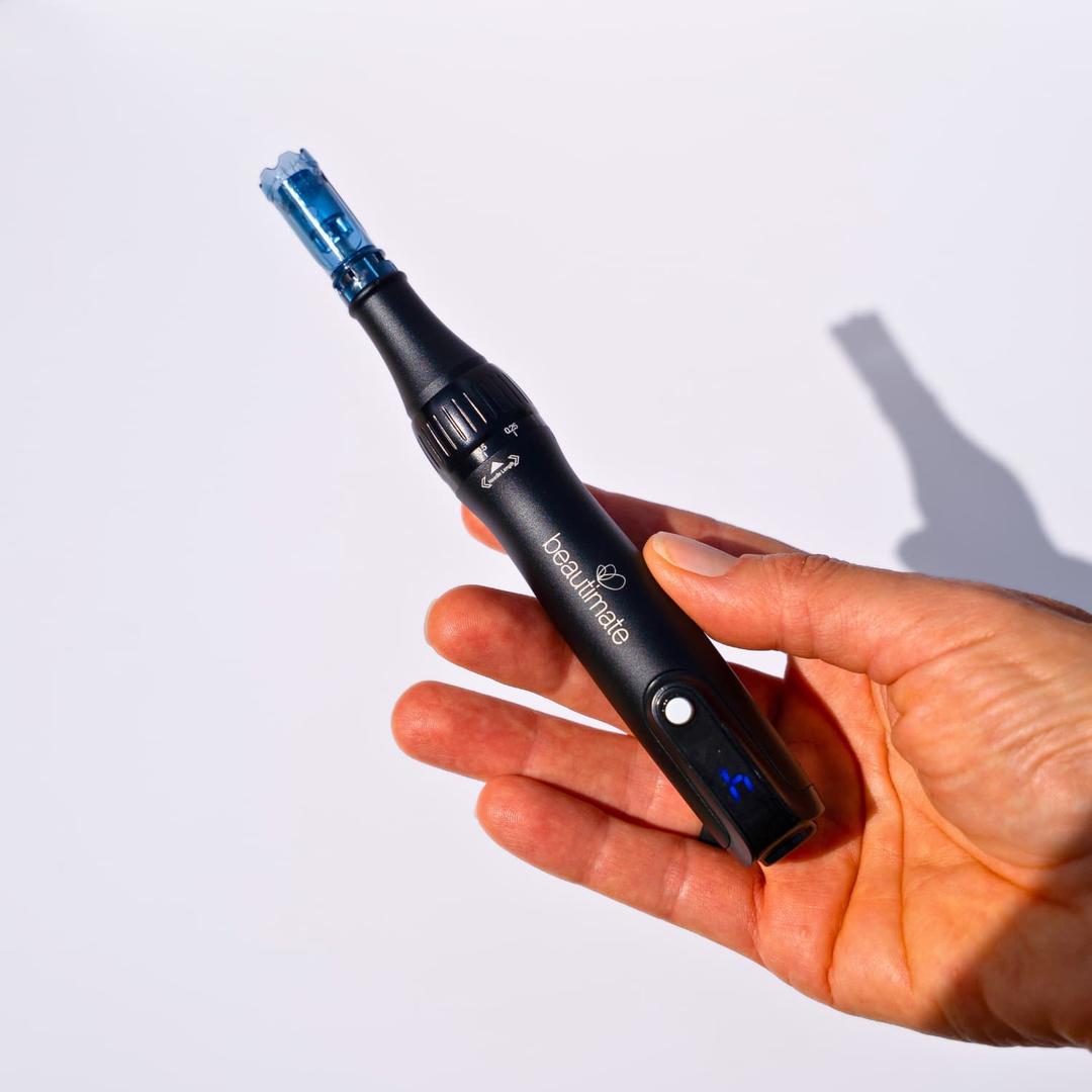 Close-up of Beautimate microneedle pen tip and 0.5mm depth dial
