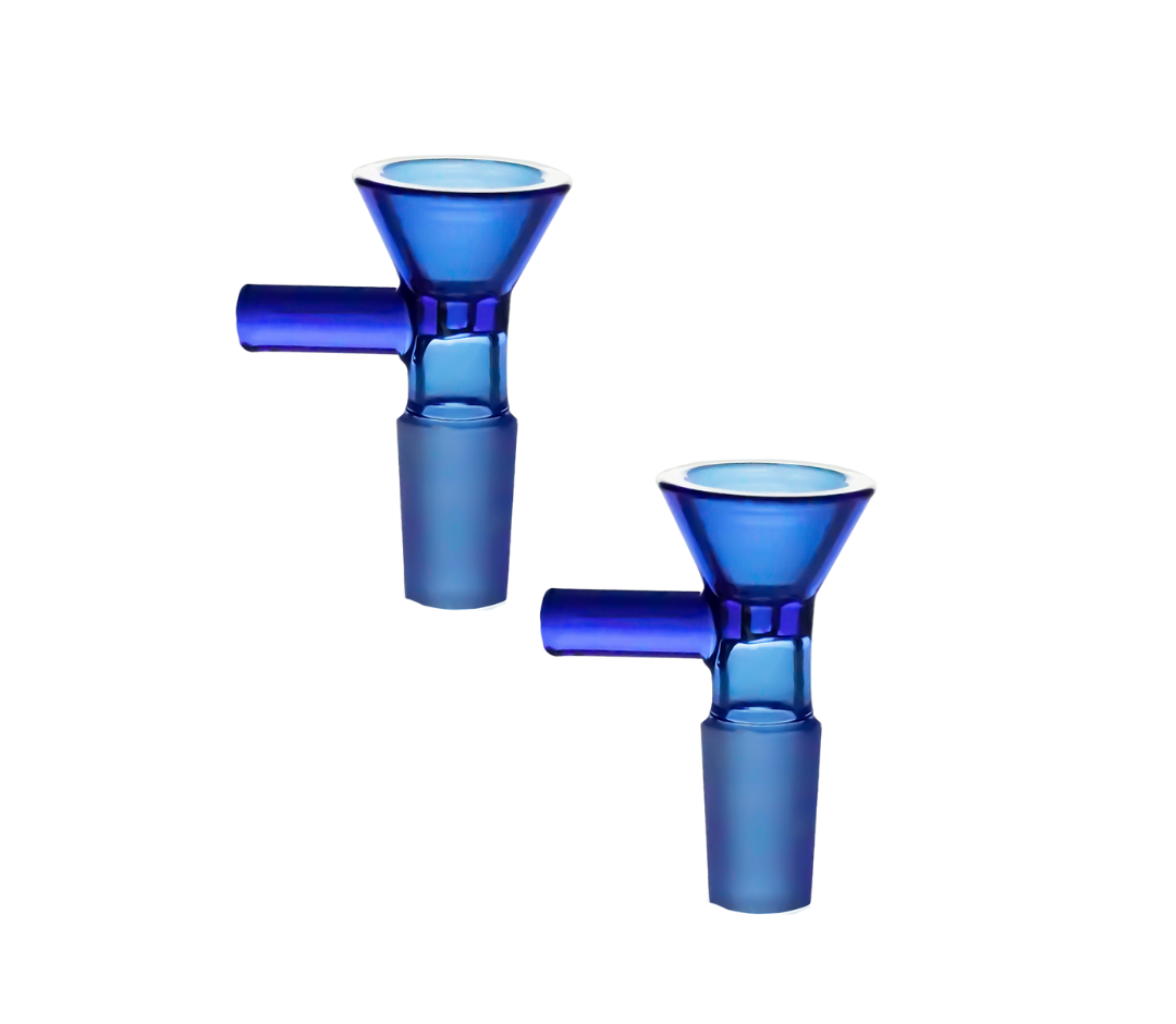 Two 14mm male glass bowls in Sapphire Blue, designed with a cone-shaped interior for optimal herb combustion. These Prism intake components feature a universal 14mm joint, making them compatible with all Prism modular downstems and various third-party glass accessories.
