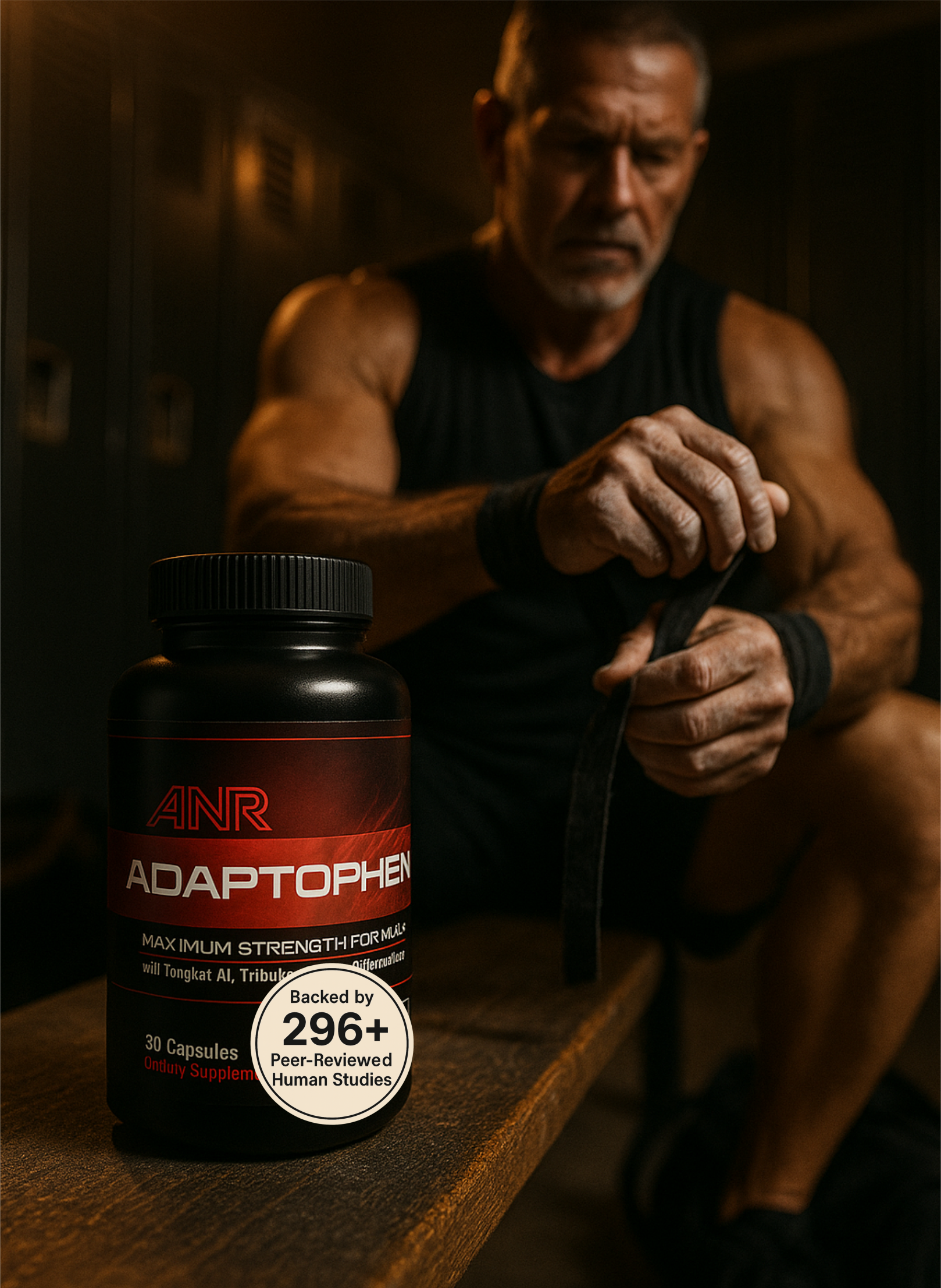 A muscular middle-aged man who uses Adaptophen to boost free testosterone levels