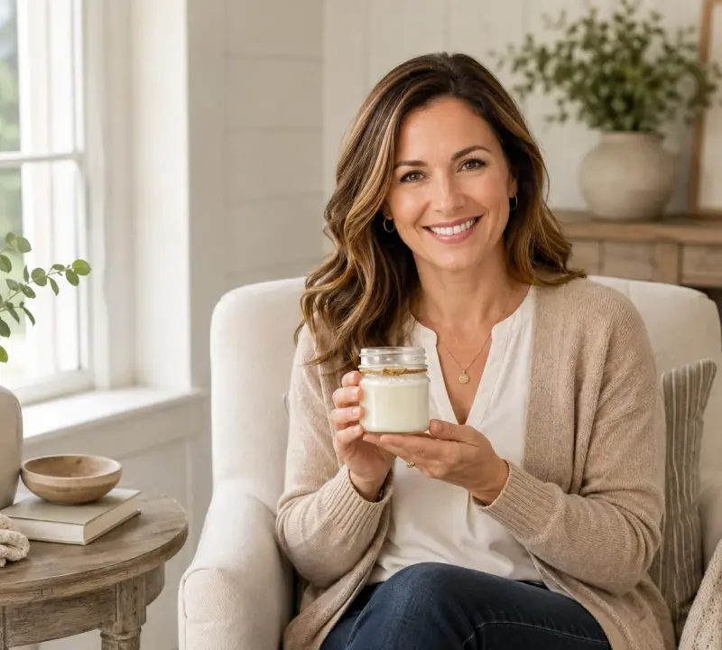 woman holding small jar soy wooden wick candle - country crackle candle