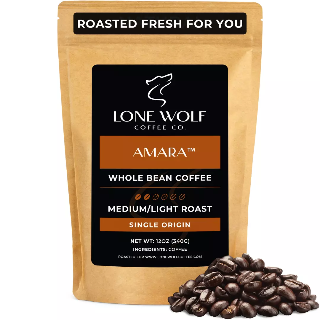 One 12oz bag of Lone Wolf Coffee’s Amara Medium-Light Roast Whole Bean coffee bag product photo