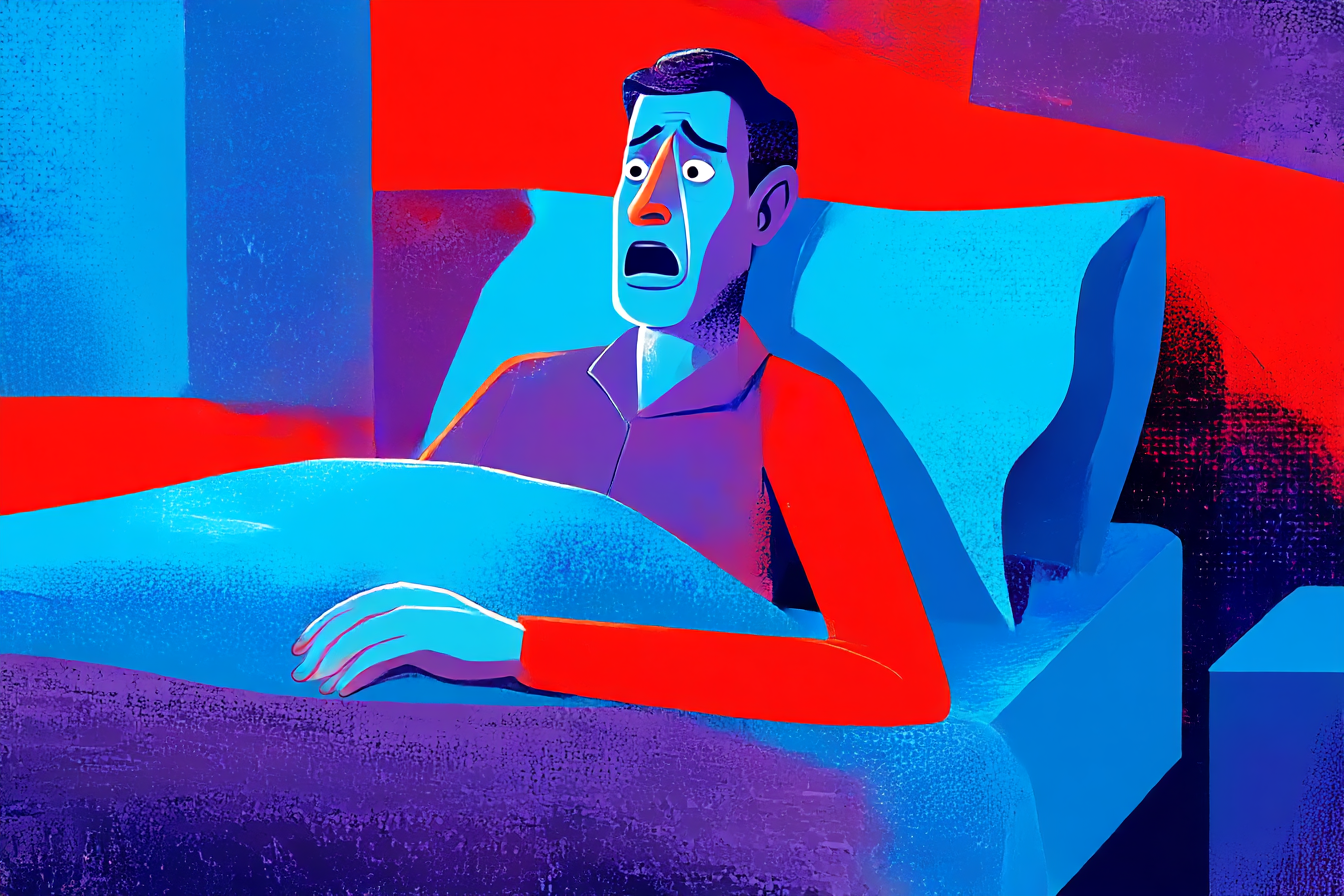 A man sitting up in bed experiencing a nightmare or a night terror.