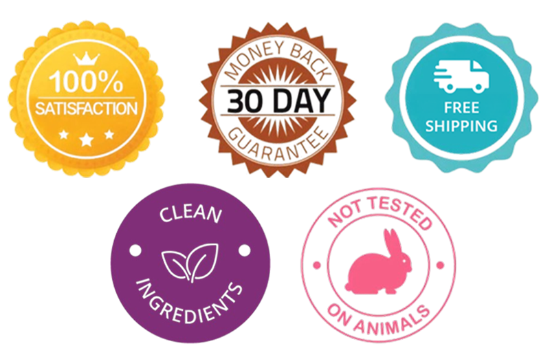 Badges of 100% Satisfaction, 30-day Money back guarantee, clean ingredients, and not tested on animals