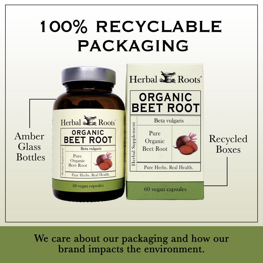 Bottle and box of Herbal Roots Organic Beet Root next to each other. Under the bottle and box says We care about our packaging and how our brand impacts the environment. There is a line coming from the left of the bottle that says Amber glass bottles. There is a line coming from the left of the box that says recycled boxes.