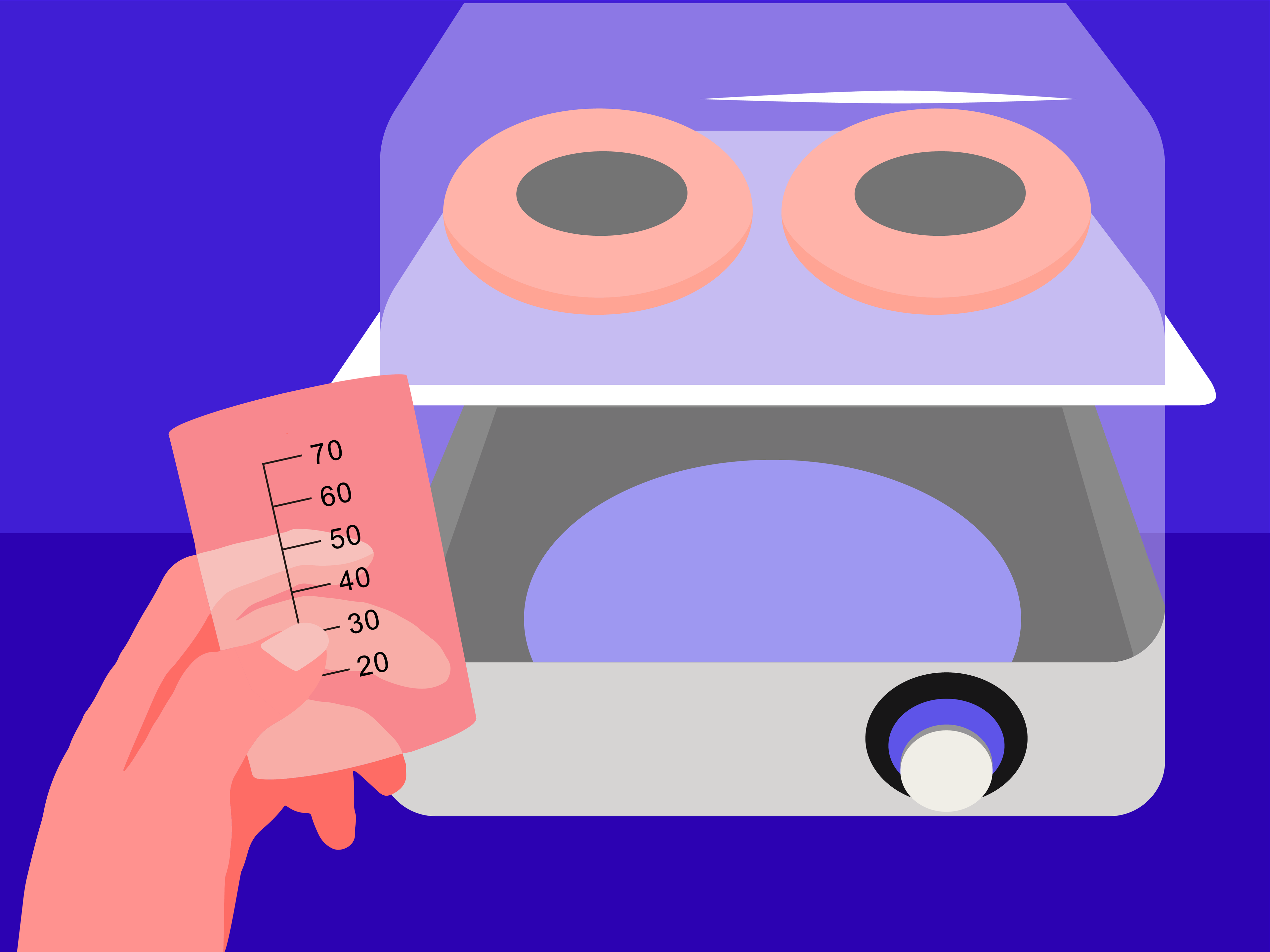 A hand holding a measuring container and a steamer with a pair of orange steam eye cups.