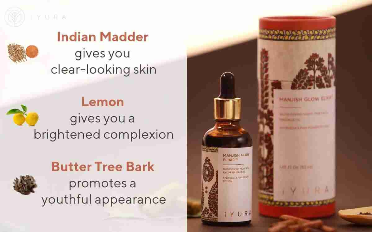 3 Key Ingredients: Indian Madder - gives you clear-looking skin; Lemon - gives you a brightened complexion & Butter Tree Bark - promotes a youthful appearance shown with a bottle of iYURA Manjish Glow Elixir
