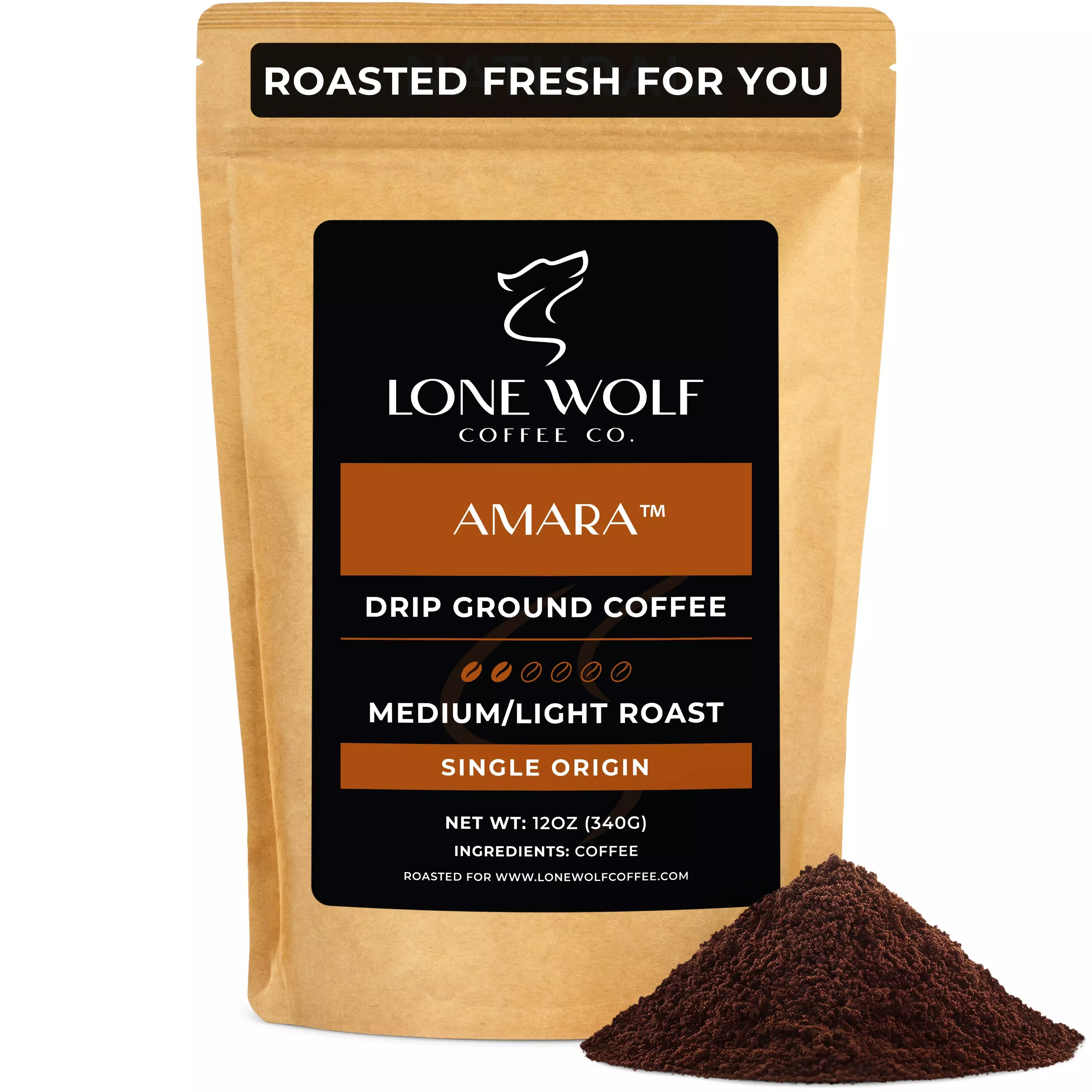 One 12oz bag of Lone Wolf Coffee’s Amara Medium-Light Roast Drip Ground coffee bag product photo