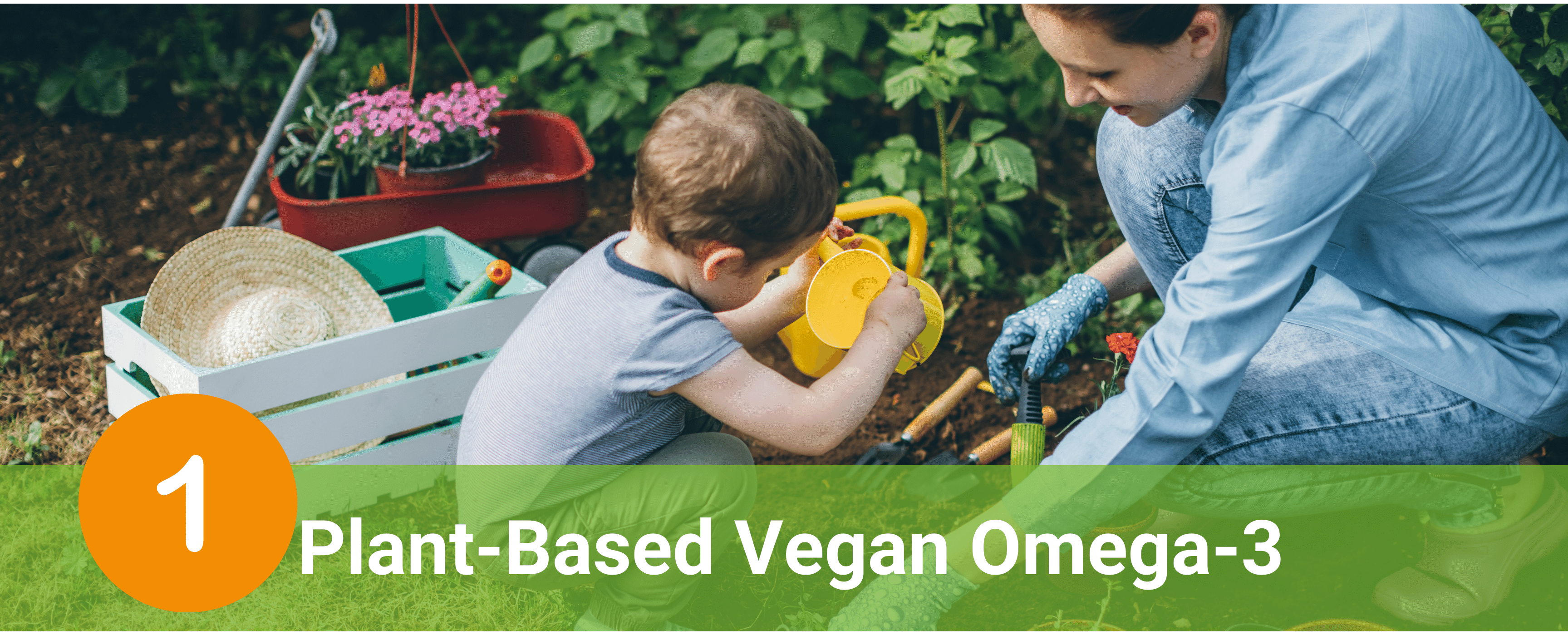 Woman and child planting together with gardening tools