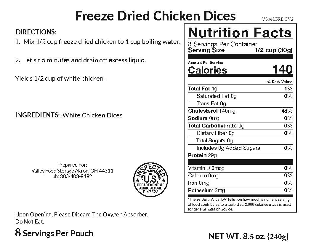 Valley Food Storage Freeze-Dried Chicken Dices Long Term Food Storage Nutrition Label
