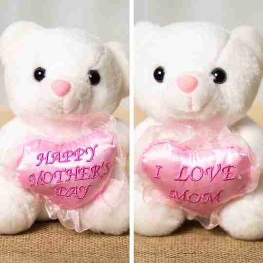 Two white bears with matching pink hearts embroidered with the words 