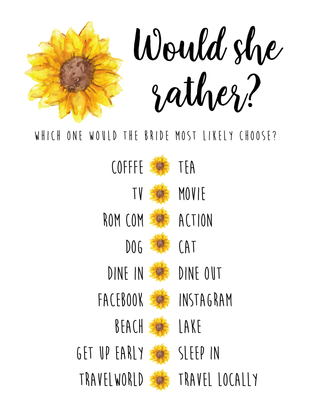 Bridal Shower Game - Would She Rather