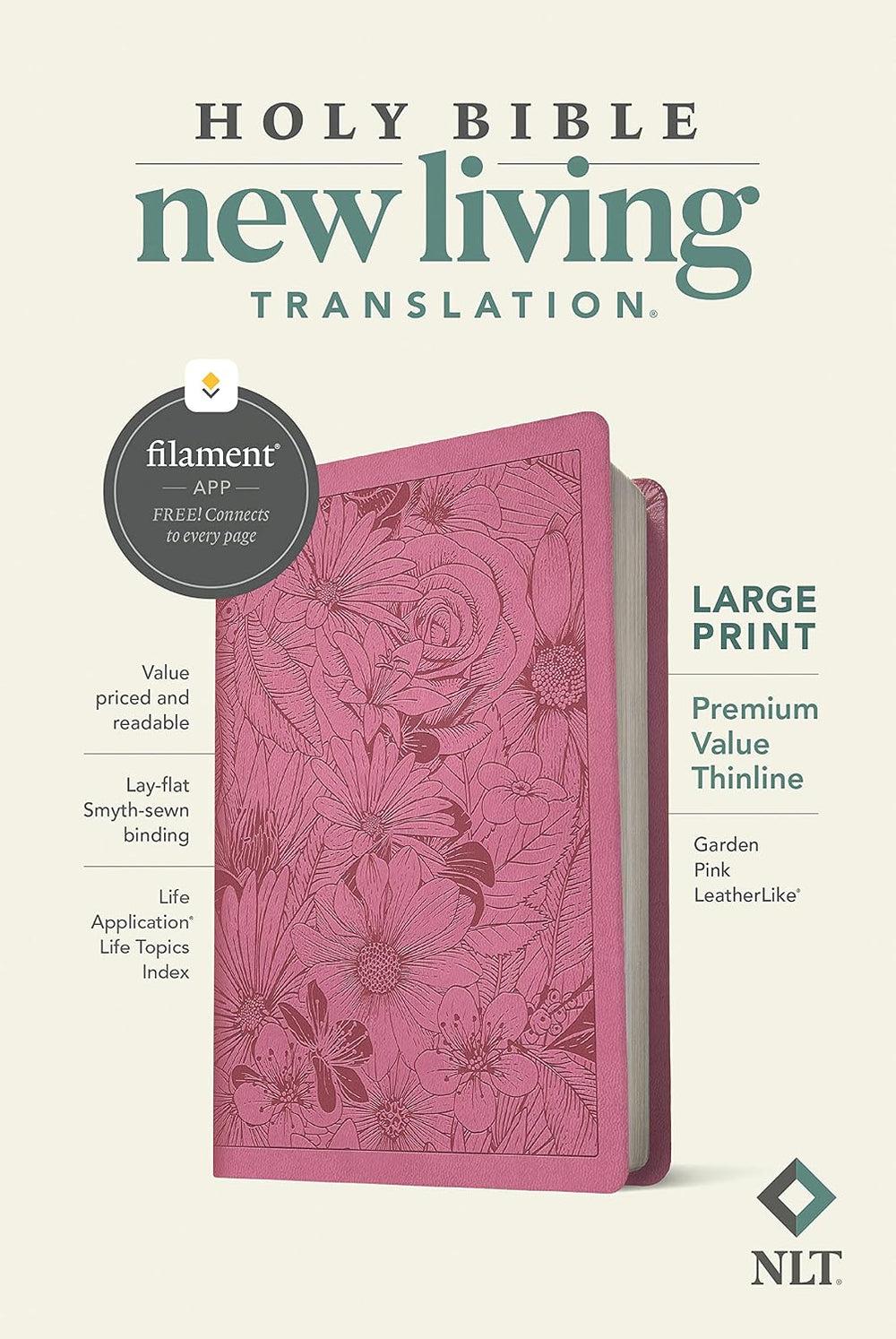Retail box for the Garden Pink NLT Large Print Thinline Bible, showing the embossed floral cover, large-print designation and Filament app symbol.