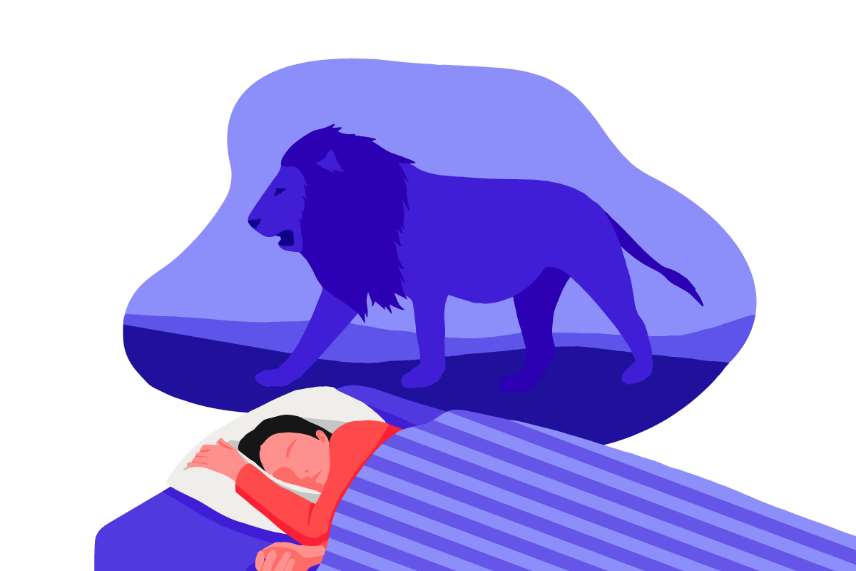 A sleeping girl with a lion chronotype. She is lying in bed with a lion over her head.