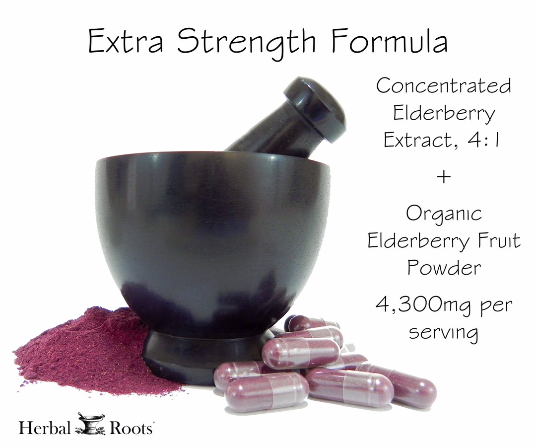 Black mortar and pestle surrounded by herbal roots elderberry powder and capsules. Text on the image says Extra strength formula concentrated elderberry extract 4 to 1 plus organic elderberry fruit powder. 4,300 mg per serving.