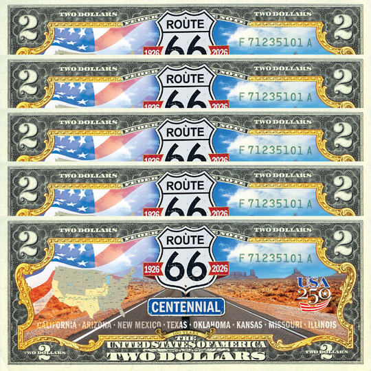 5 Route 66 Collectible $2 Bills