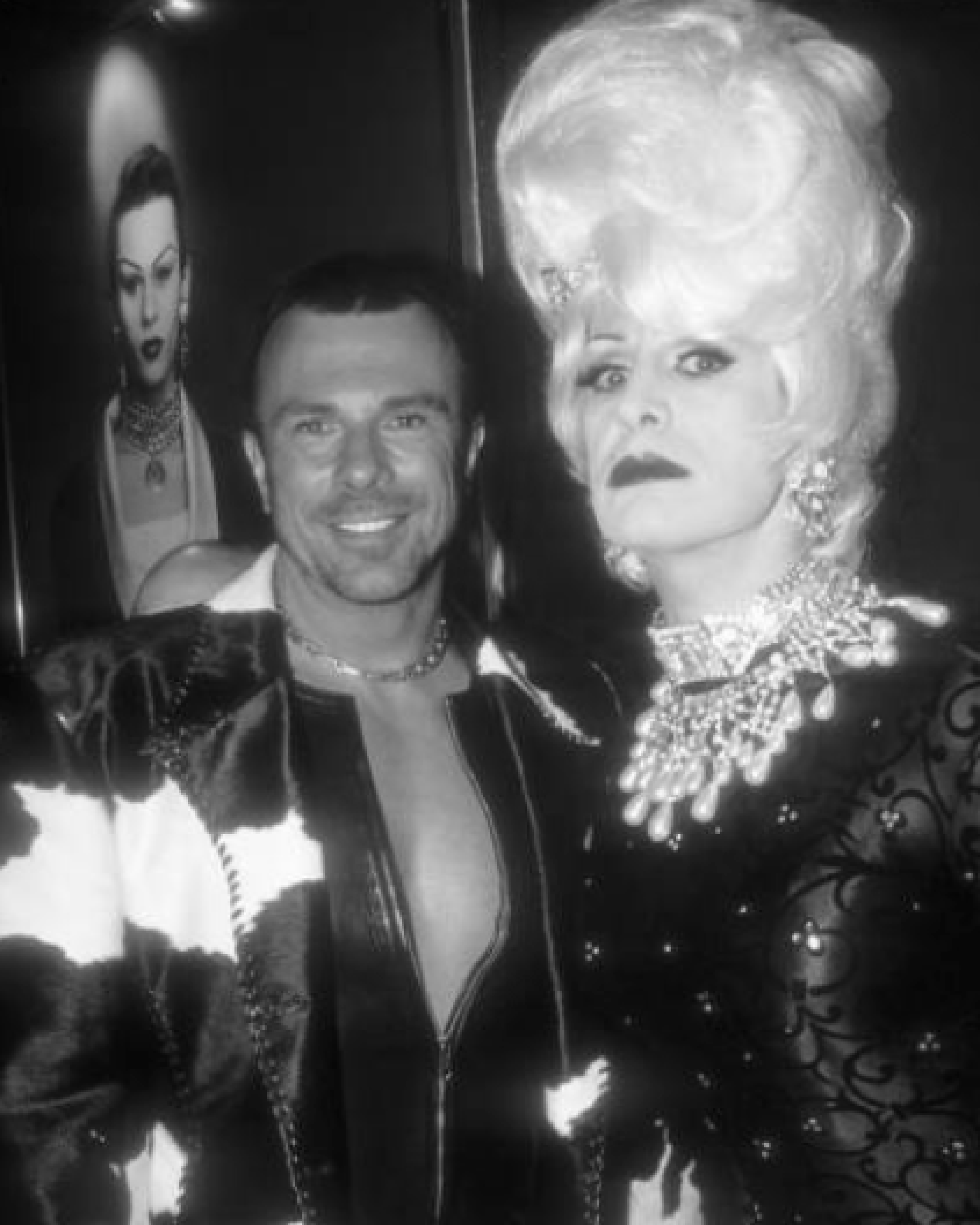 Thierry Mugler and drag queen in the Thierry Mugler room at Club USA, 1993. Photo by Steve Eichner.