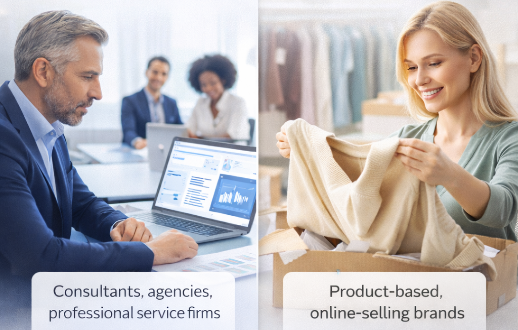 Split image showing a professional services consultation on one side and an online retail product inspection on the other, representing service-based businesses and e-commerce brands in modern digital environments.