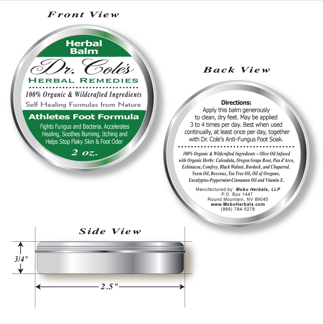 Dr. Coles Athlete's Foot Balm front, back and side view.