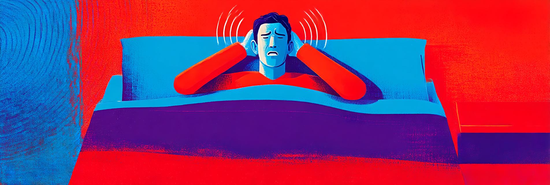 A man, lying in bed, experiencing ringing in his ears due to tinnitus.