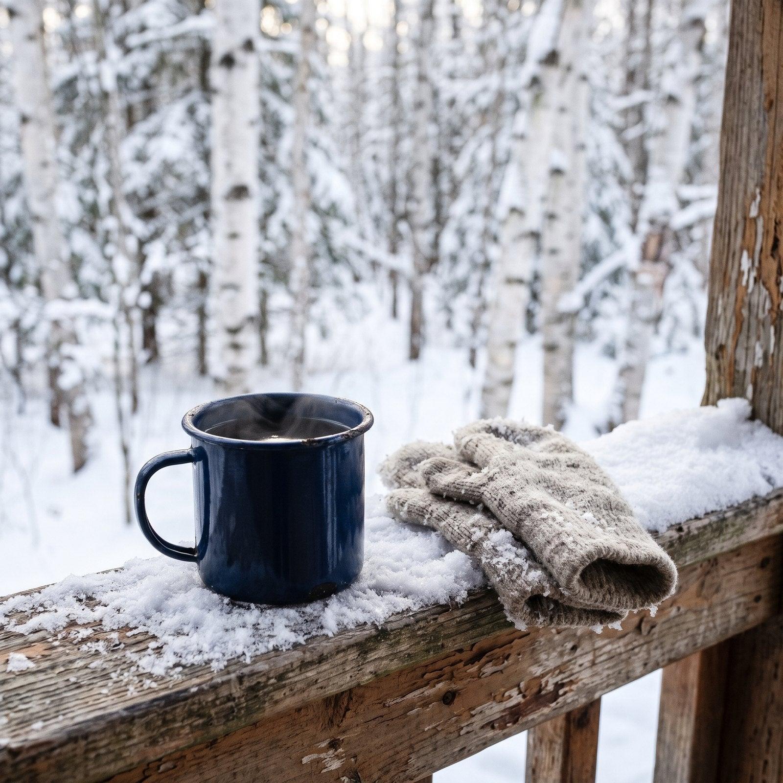 Steaming enamel mug of chaga tea on a snowy porch railing