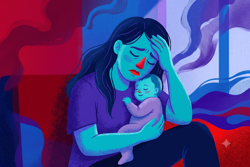 Exhausted new mother cradling her sleeping newborn, hand to her forehead — new parent sleep deprivation editorial illustration.