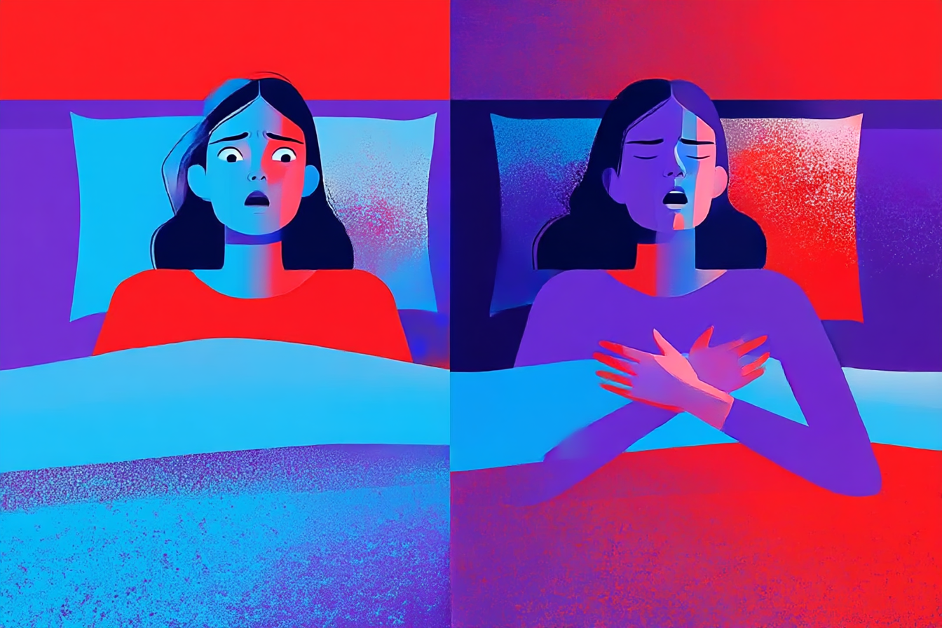 A woman lying awake in bed, experiencing insomnia. The same woman is snoring and gasping for air due to sleep apnea.