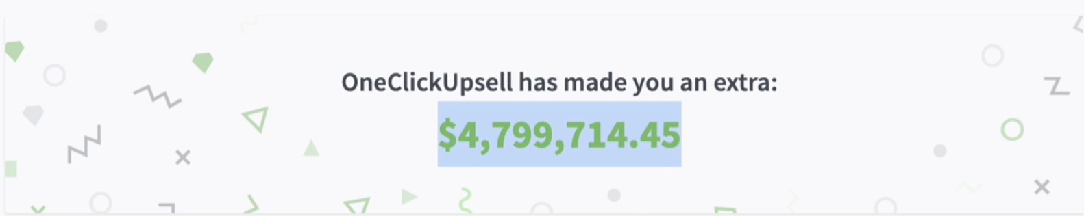 Dashboard screenshot reading "OneClickUpsell has made you an extra: $4,799,714.45".