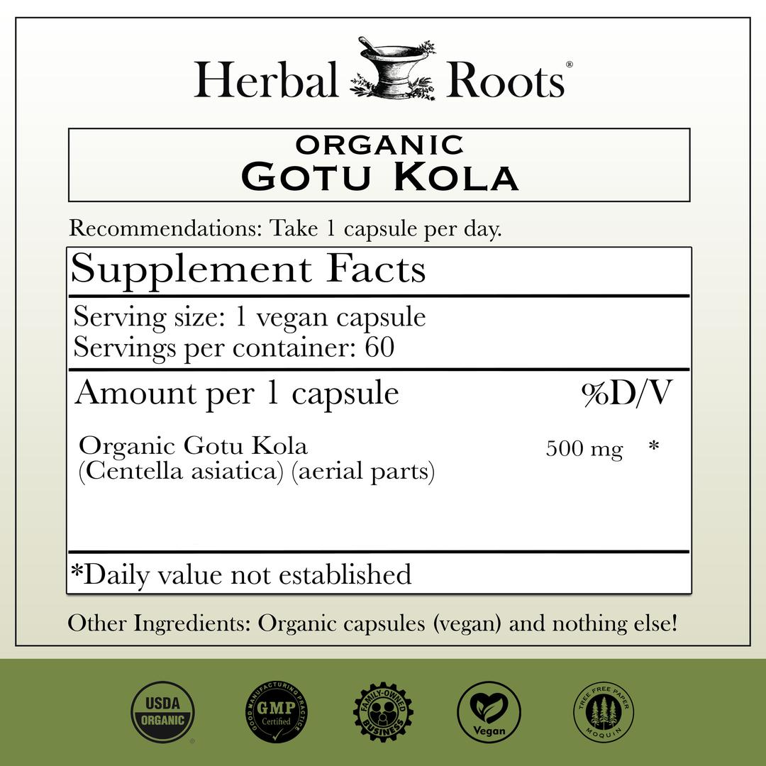 Herbal Roots Organic Gotu Kola Supplement Facts: Serving Size 1 vegan capsule, servings per container 60. 500mg Organic Gotu Kola (Centella asiatica) (aerial parts) per 1 capsule.