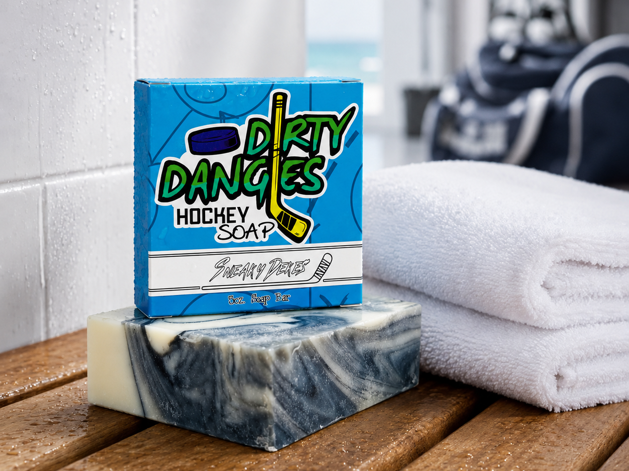 sneaky dekes black and white swirl hockey soap bar in a clean hockey locker room