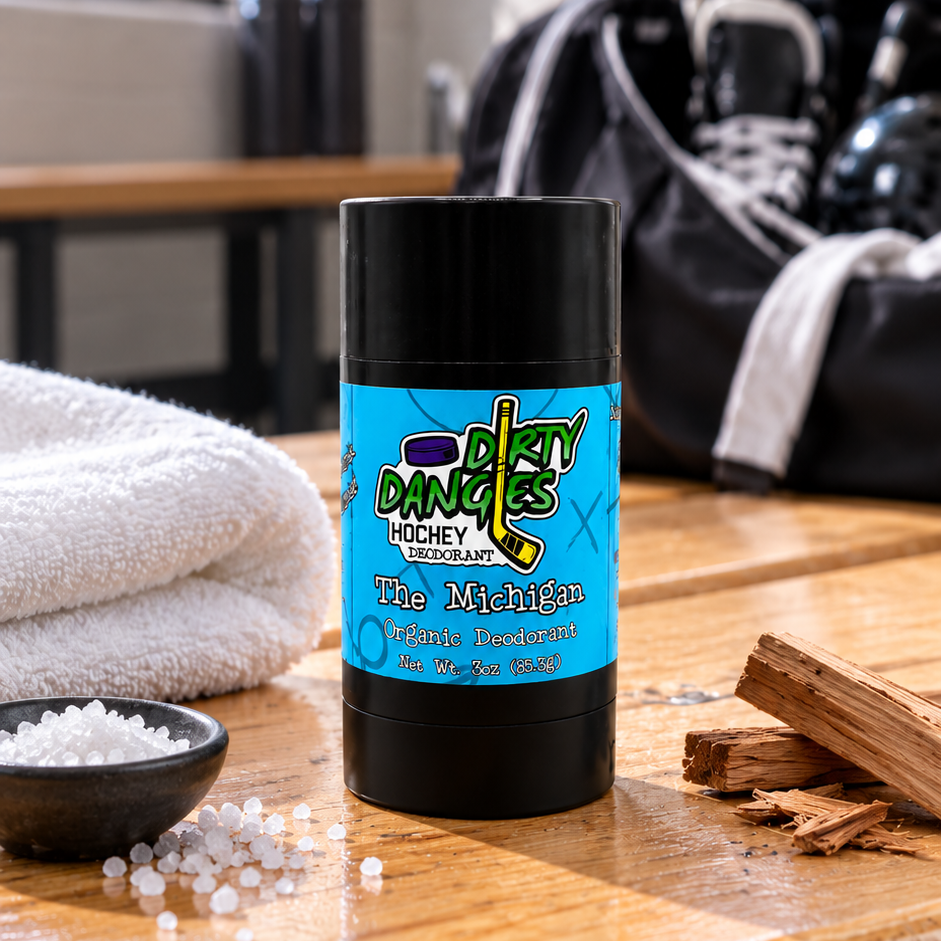 aluminum-free deodorant The Michigan scent on a bench in a hockey locker room with sea salt and sandalwood.