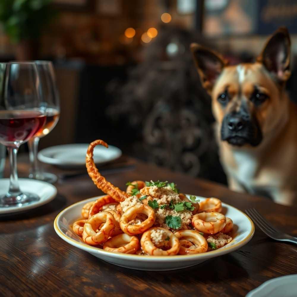 Gourmet calamari dish on the table with dog on the side