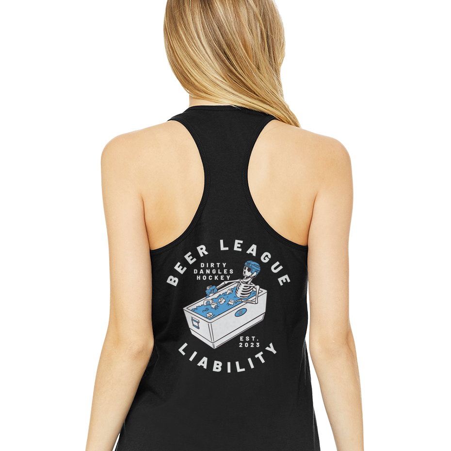 a woman showing the back of a black tank top with a skeleton drinking a beer while sitting in a cooler of ice. beer league liability dirty dangles hockey est 2023. white background