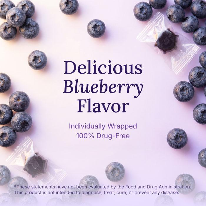 Blueberries shown with individually wrapped pieces, highlighting drug free formula