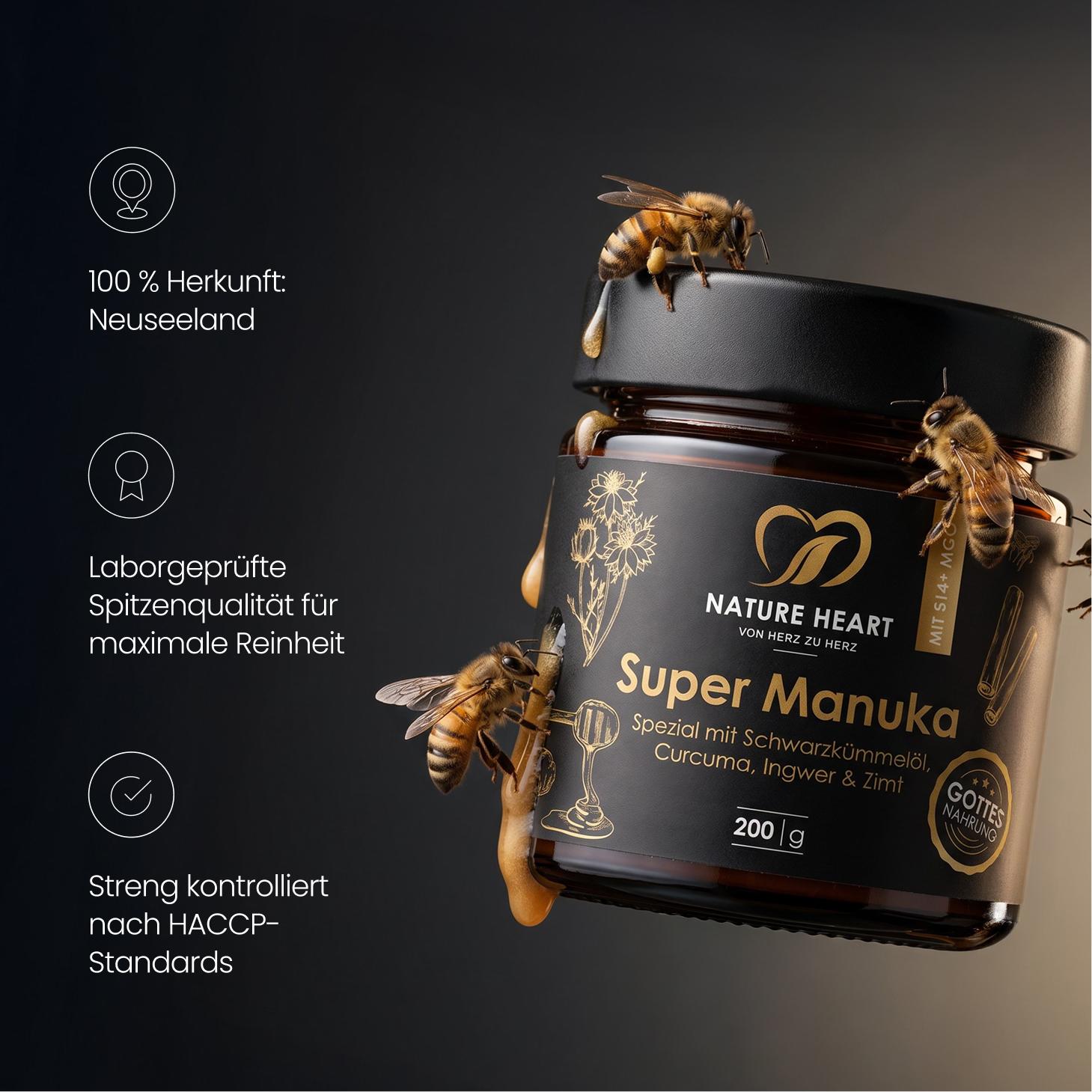Nature Heart Super Manuka Honig 200 g im Glas mit den Zutaten Schwarzkümmelöl, MGO 514+ Manuka, Curcuma, Ingwer, Zimt und Pfefferextrakt