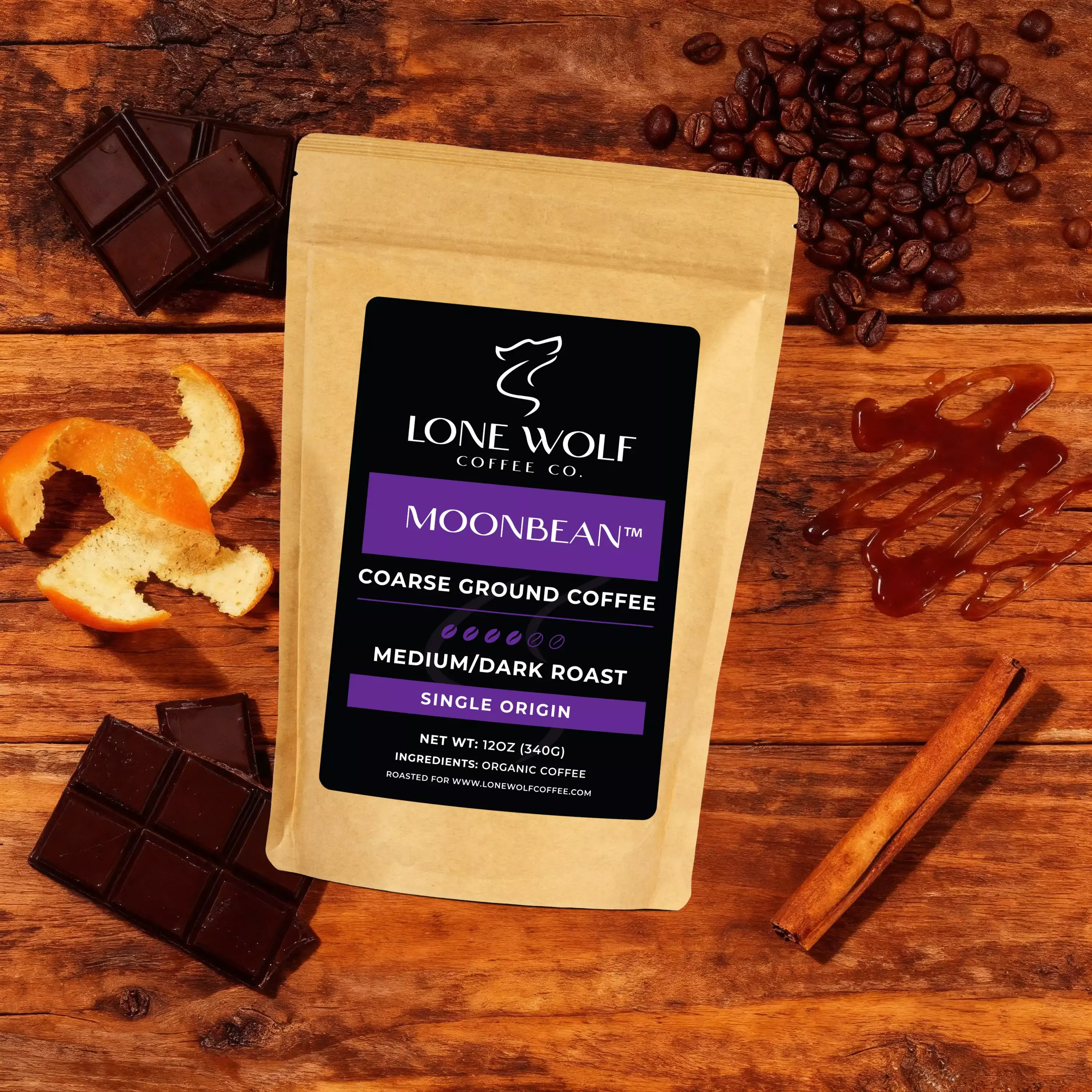 Moonbean coarse ground flavor profile image showing Lone Wolf Coffee with baker’s chocolate, subtle spice, molasses, and orange peel.