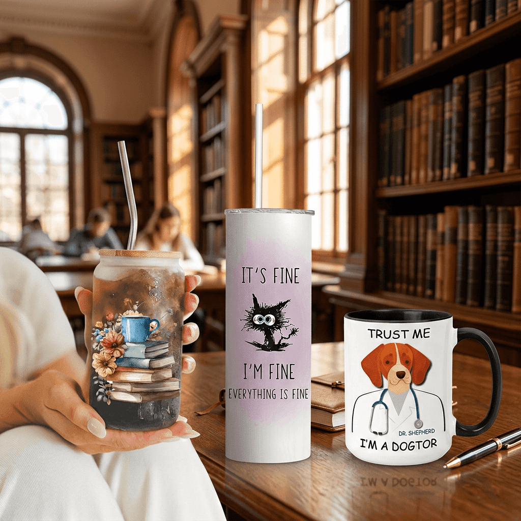 Dog-themed ceramic mug and ‘It’s Fine’ stainless steel tumbler displayed on a wooden desk in a cozy library setting.