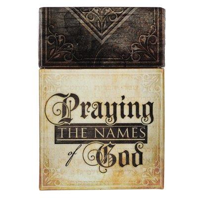 Praying the Names of God card box with gold and black lettering