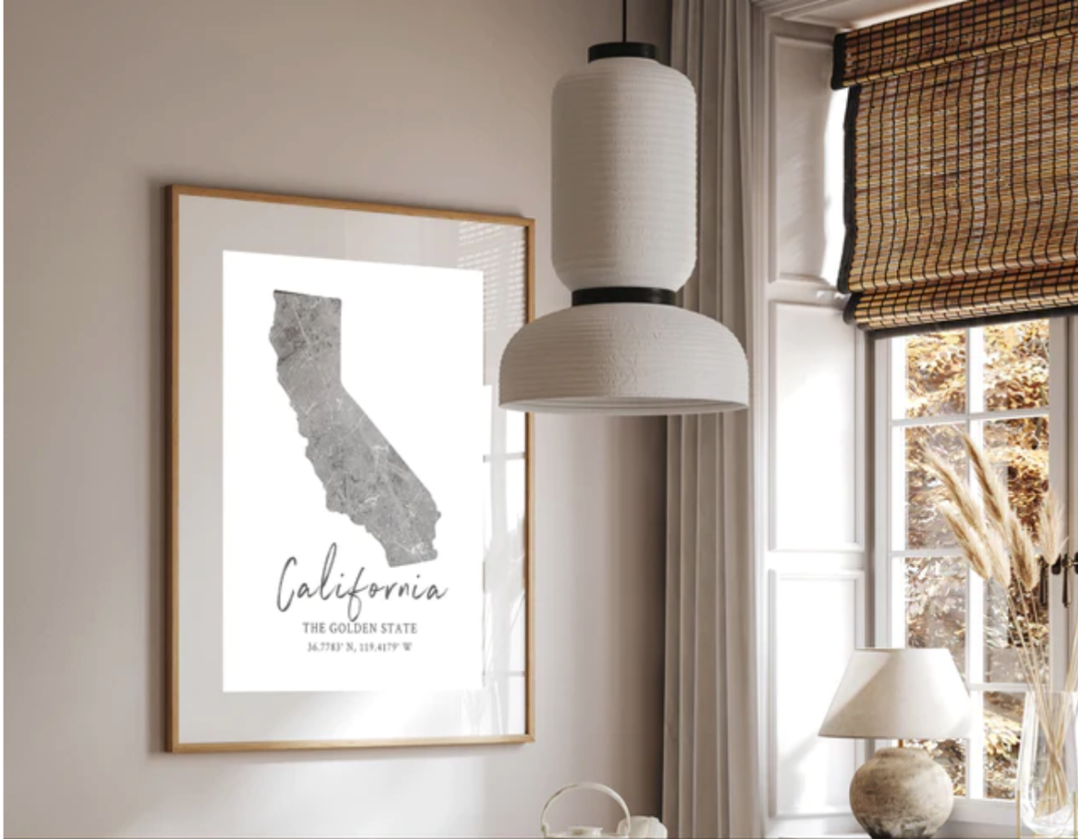 Westbrook Print Shop's California State Map Silhouette print in dining room