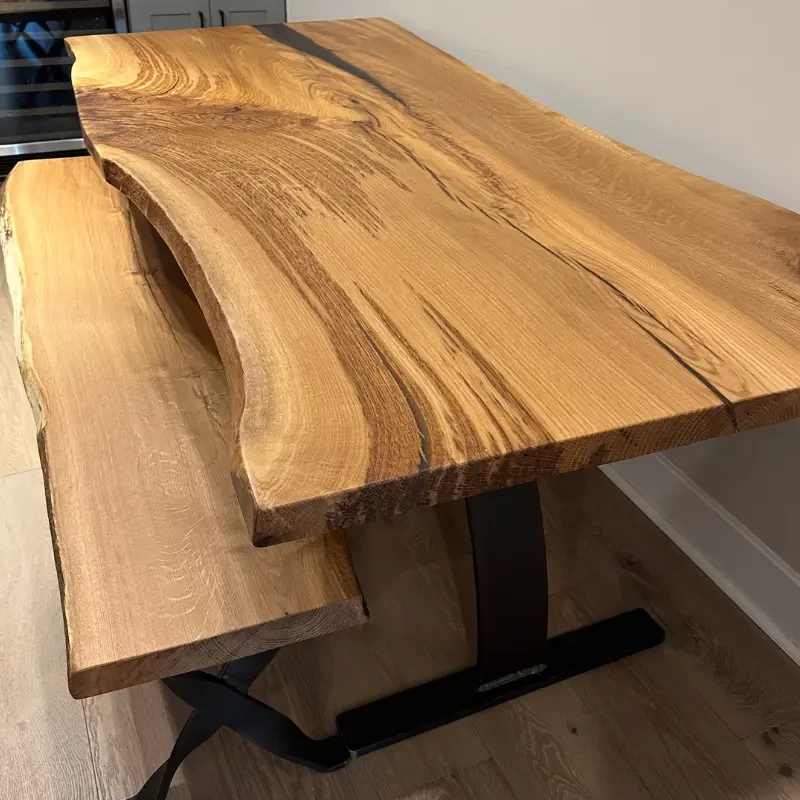 Custom Live Edge Oak Table with Architecture Base and Oak Bench