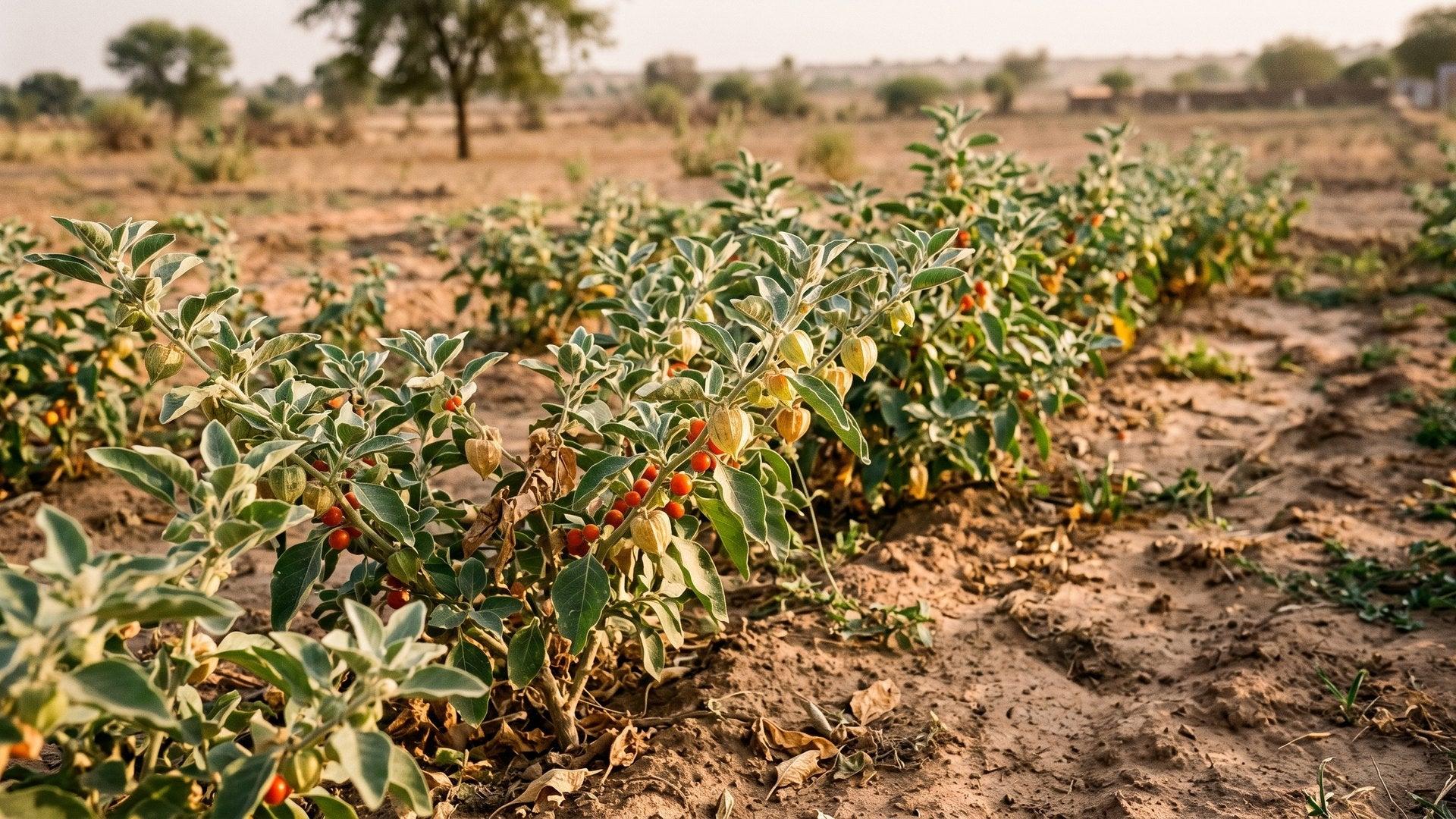 Ashwagandha plants with orange-red berries growing in a sunny field in India