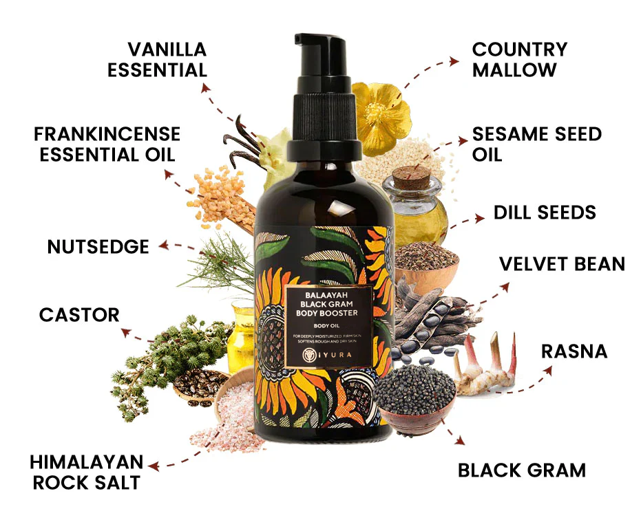 Bottle of iYURA Balaayah Black Gram Booster surrounded by labeled natural ingredients, including vanilla essential, frankincense essential oil, nutsedge, castor, Himalayan rock salt, country mallow, sesame seed oil, dill seeds, velvet bean, rasna, and black gram.