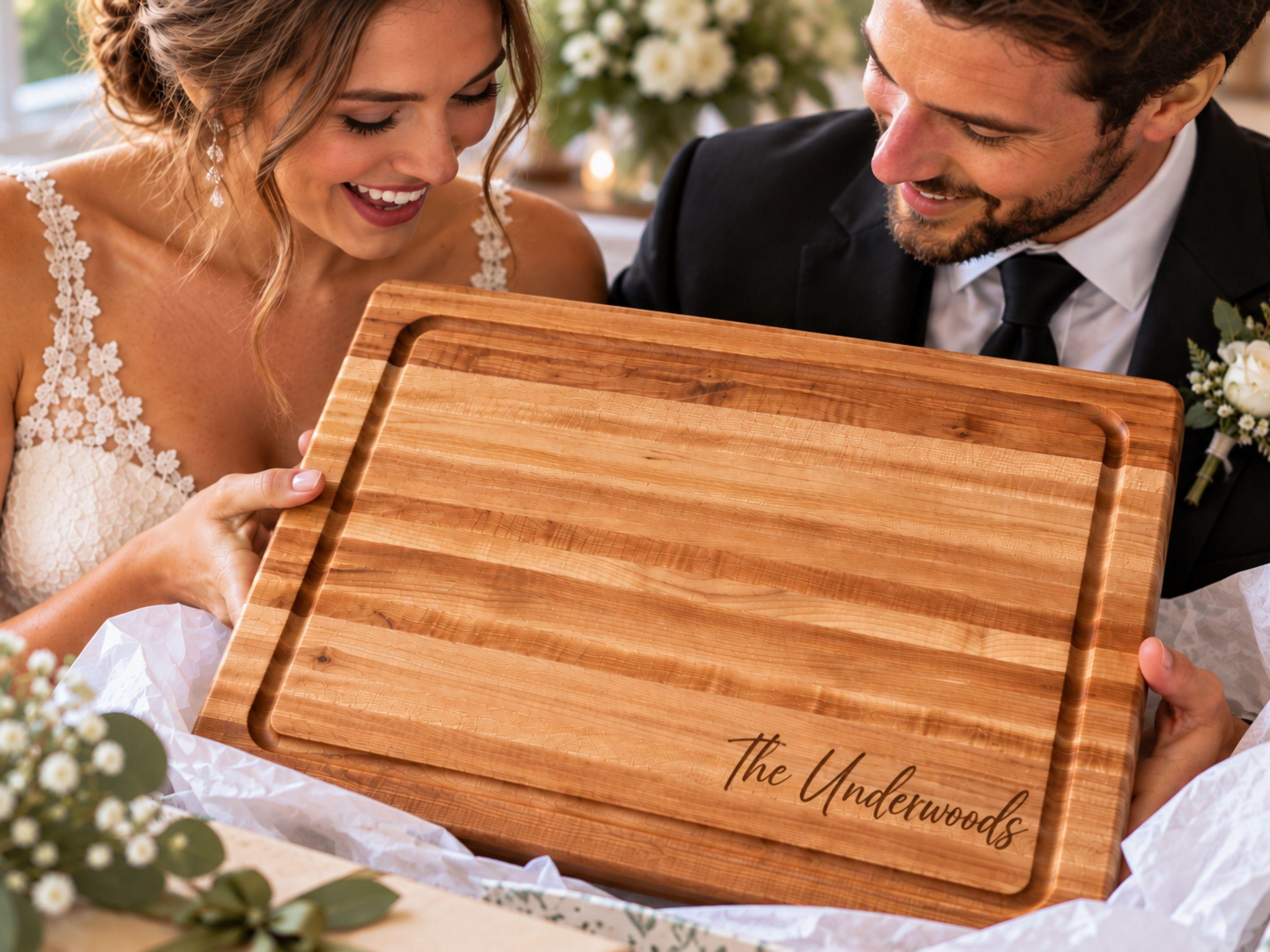 Personalized maple cutting board presented as a meaningful wedding gift to a newlywed bride and groom. The handcrafted hardwood board features beautiful natural grain, a deep juice groove and realistic custom engraving reading “The Maple Family – Est. 2024.” A warm wedding lifestyle scene highlighting personalized craftsmanship, heirloom quality and a thoughtful wedding, bridal shower or newlywed gift.
