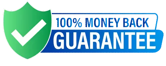 100% Money Back Guarantee with green shield and checkmark icon.