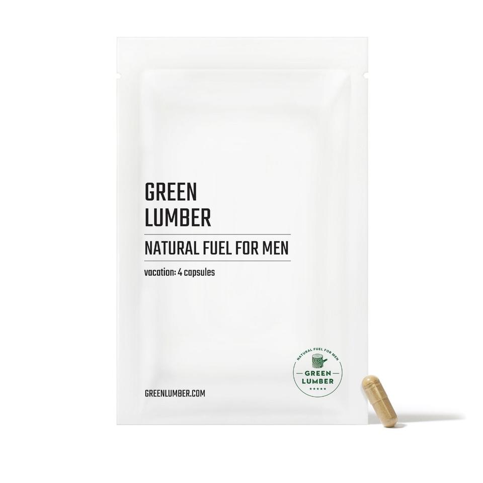 Green Lumber Natural Fuel For Men Vacation package front with capsule leaning against it