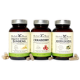 Bottles of Herbal Roots Cranberry, Korean Ginseng and organic Ashwagandha next to each other.