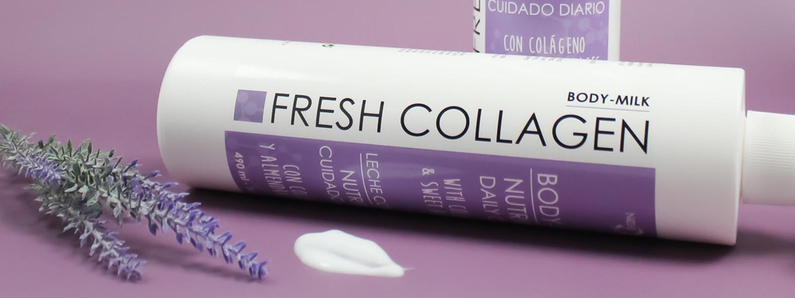 Noche's Fresh Collagen Body Milk laying on its side against a dark lavender background.